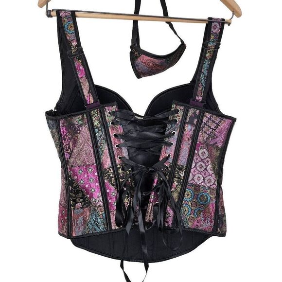 Women's Multicolor Two-Piece Lace Up Push-Up Tank Corset Bustier Size Large - Picture 1 of 10